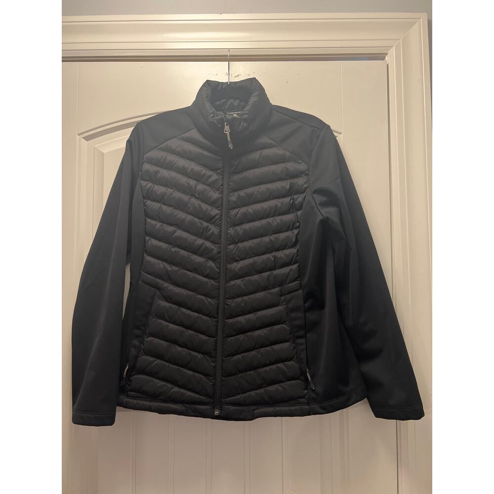 32* Heat Women’s Full Zip Quilted Puffer Stretch Panel Sleeves Jacket Sz L Black